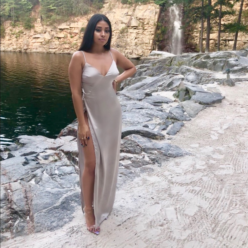Silver slip maxi with high slit